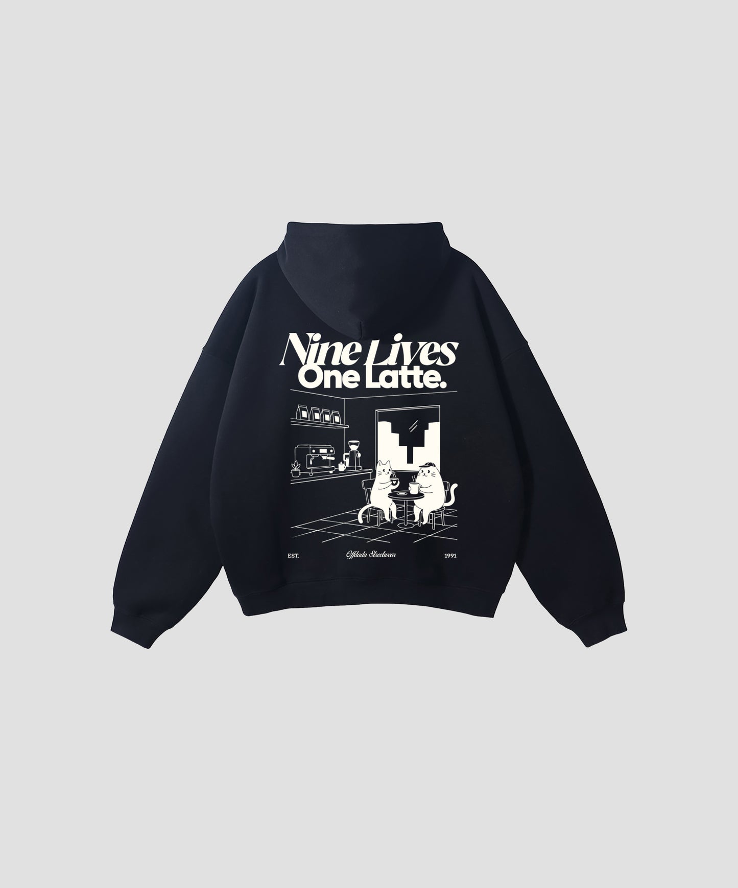 Nine lives one latte black boxy fit hoodie
