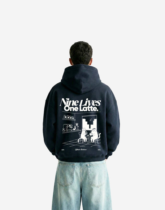 Nine lives one latte black boxy fit hoodie