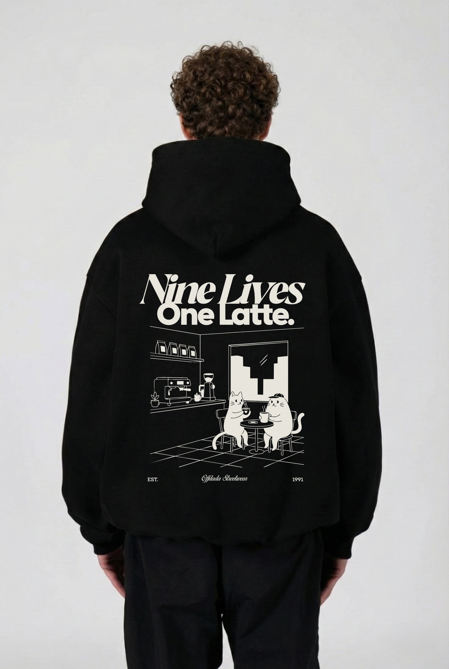 Nine lives one latte black boxy fit hoodie