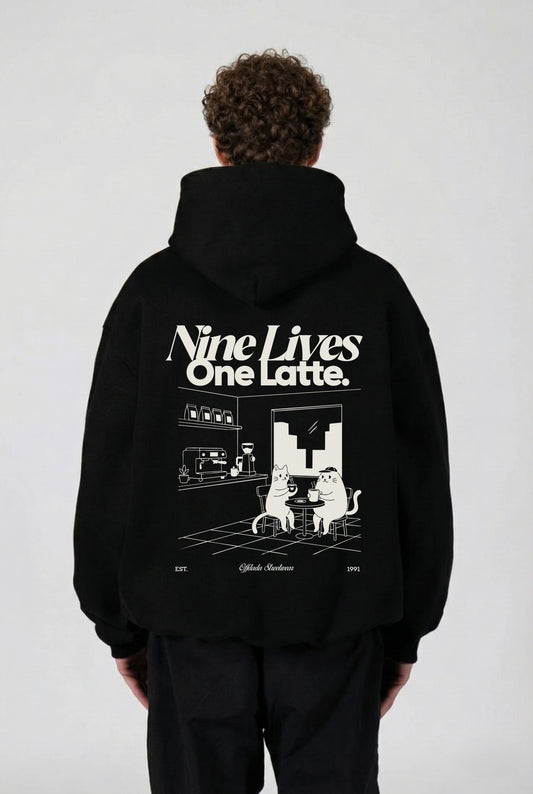 Nine lives one latte black boxy fit hoodie