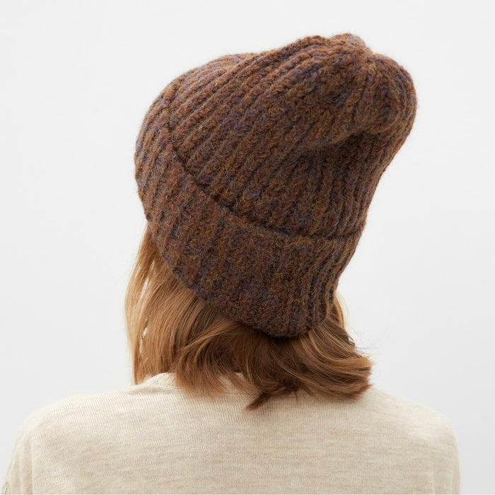 Chunky knitted double roll beanie in Brown