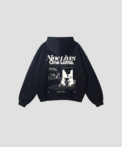 Nine lives one latte black boxy fit hoodie